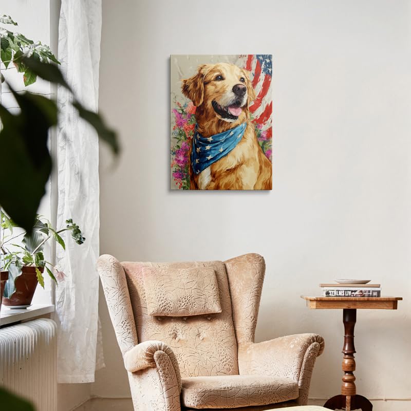 Cute Patriotic Golden Retriever Dog Canvas Wall Art Framed Animal Painting American Flag Cool Whimsical Puppy Colorful Floral Wall Decor Flower Artwork Print for Living Room Bedroom 16x24 Inches (Golden Retriever / 24"L x 16"W)