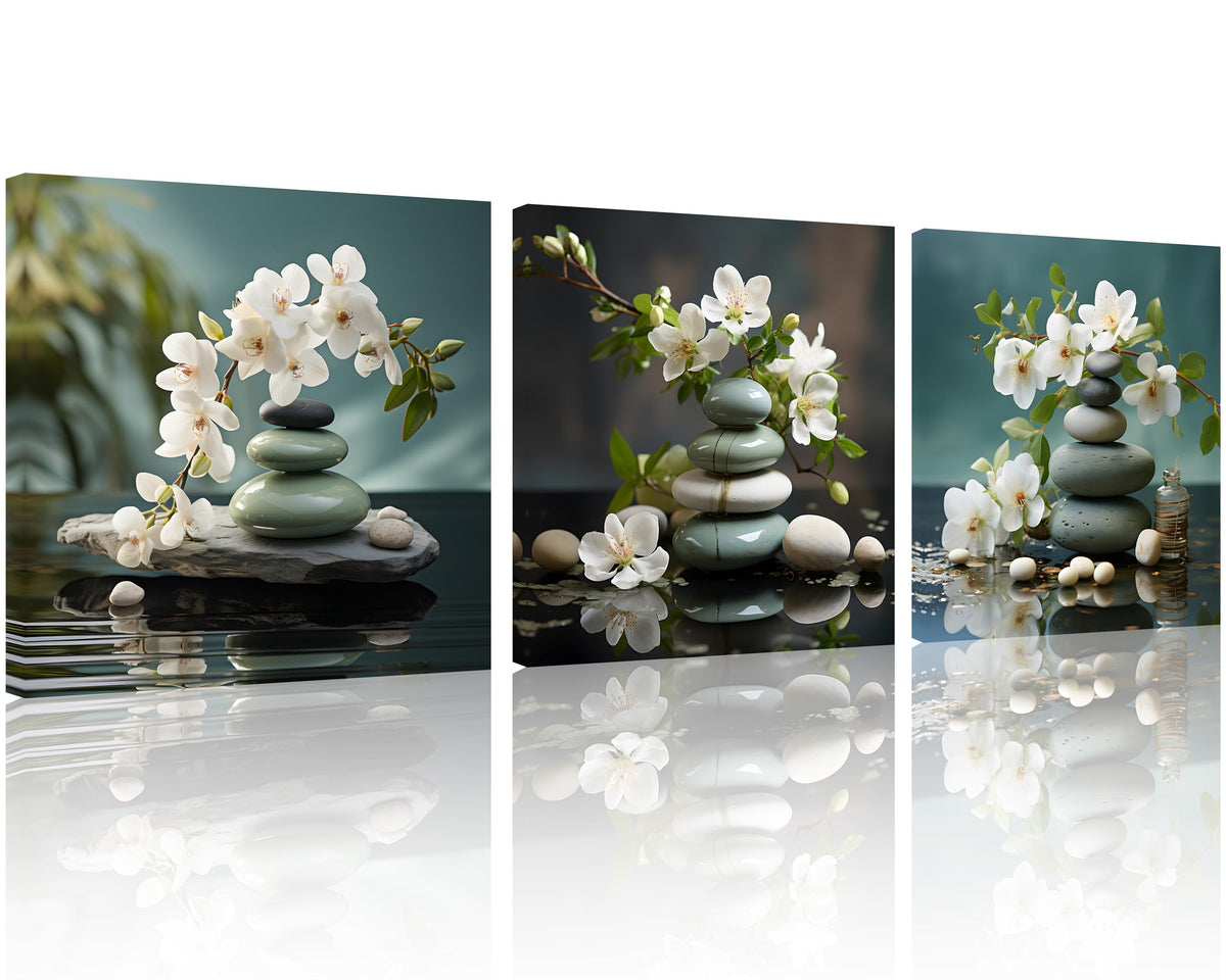 3 Panels Bathroom Wall Art Zen Art Zen Artwork Spa Pictures Wall Decor Still Life Spa Stone with White Flowers Pictures Print on Canvas for Home Decor Stretched and Framed 20x20inchx3 (20x20inchx3 / Spa Stone with White Flower 2)