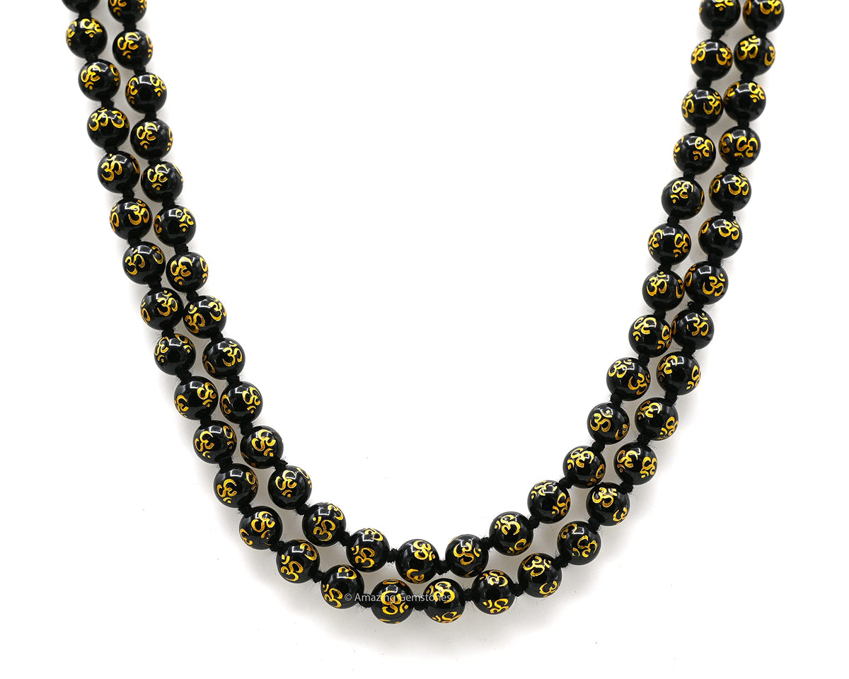 Black Agate Om Mala Beads (Om (Black Agate) / Knotted)