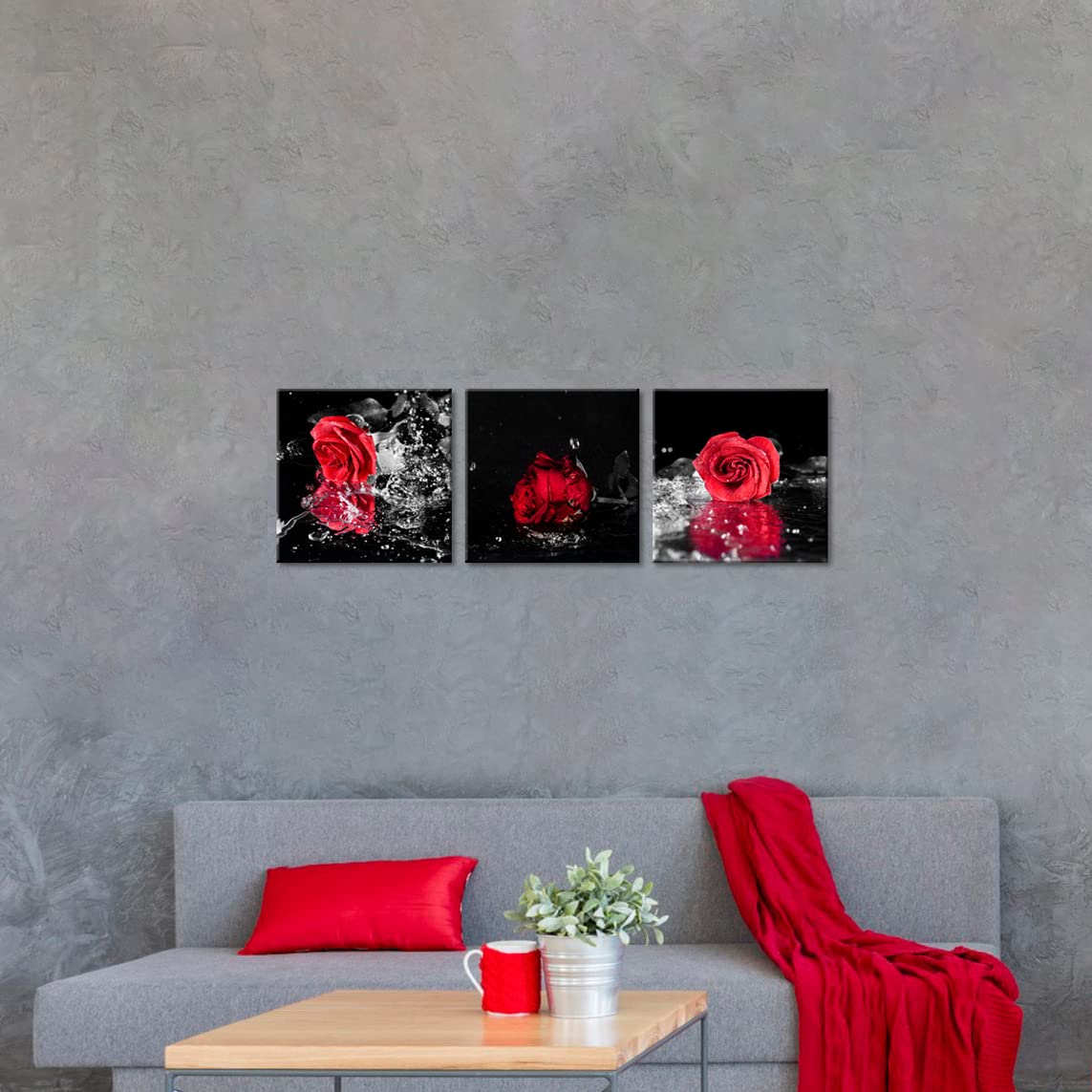 3 Pcs Modern Canvas Painting Black and White Red Rose Canvas Art Rose and Water Drops Wall Art Flower Picture on Canvas for Home Decor Giclee Framed Artwork for Wall 14X14inchX3pcs (14 x 14 inches (3-Piece Set) / Rose & Drops)