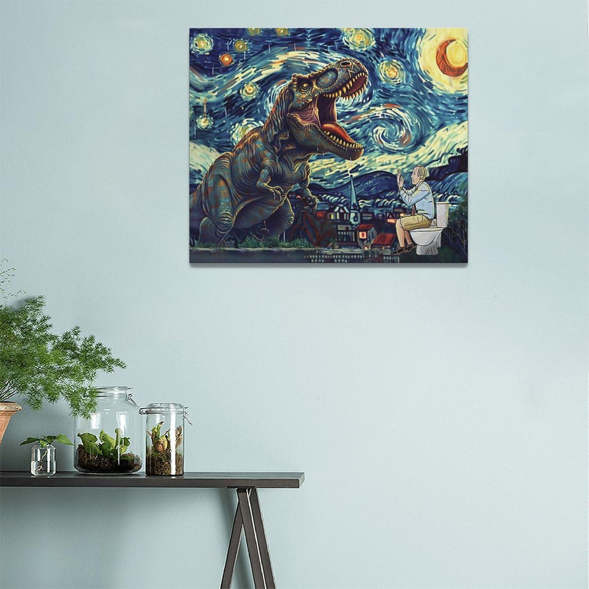 Dinosaur Bathroom Wall Art Starry Night Funny Bathroom Pictures Wall Decor Dinosaur Canvas Painting Print Home Modern Artwork Decorations Framed for Bathroom Living Room Bedroom Office 24 x 20 inch (24L" x 20W" / Dinosaur)