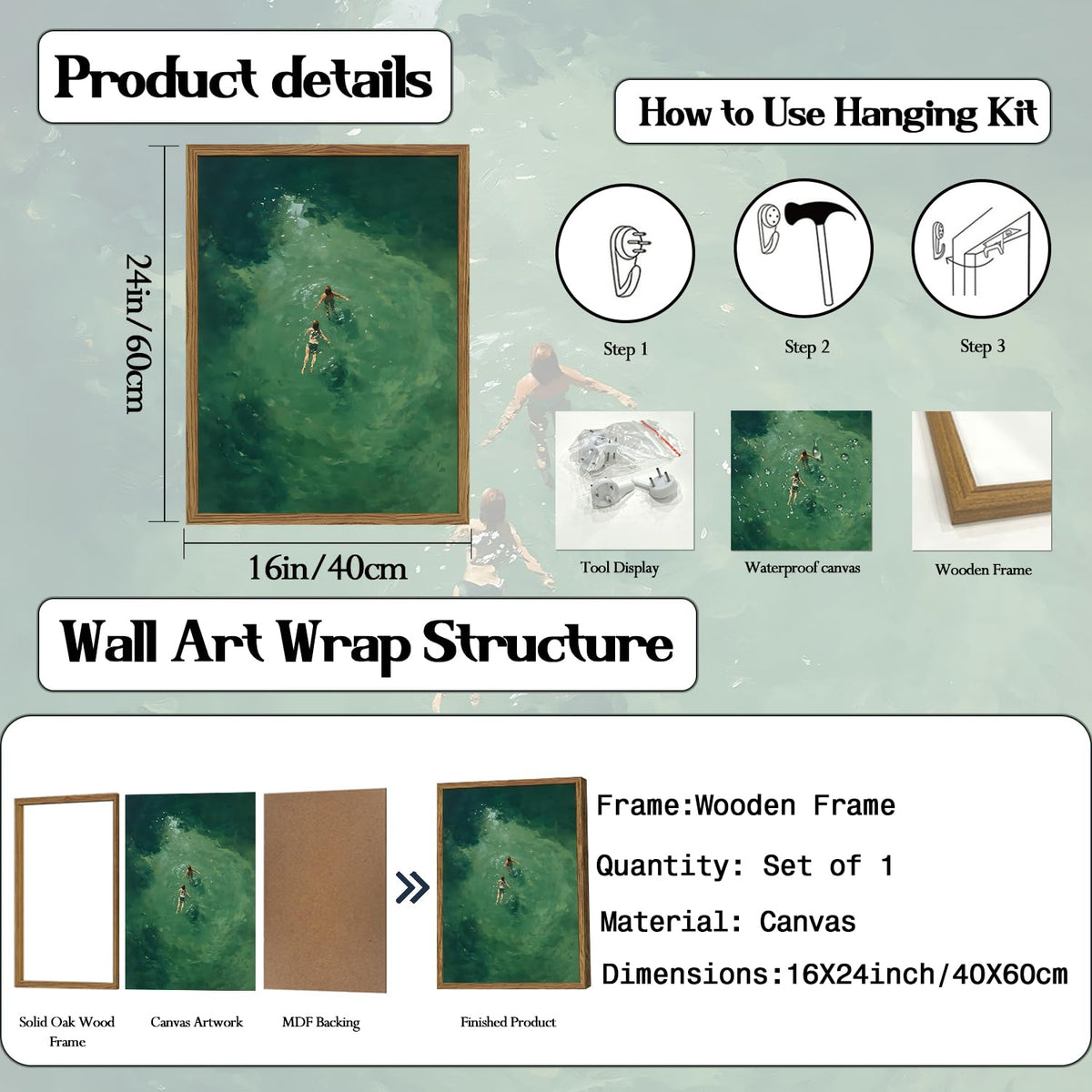 Framed Abstract Ocean Wall Art (Green Swimming / 24"L x 16"W)