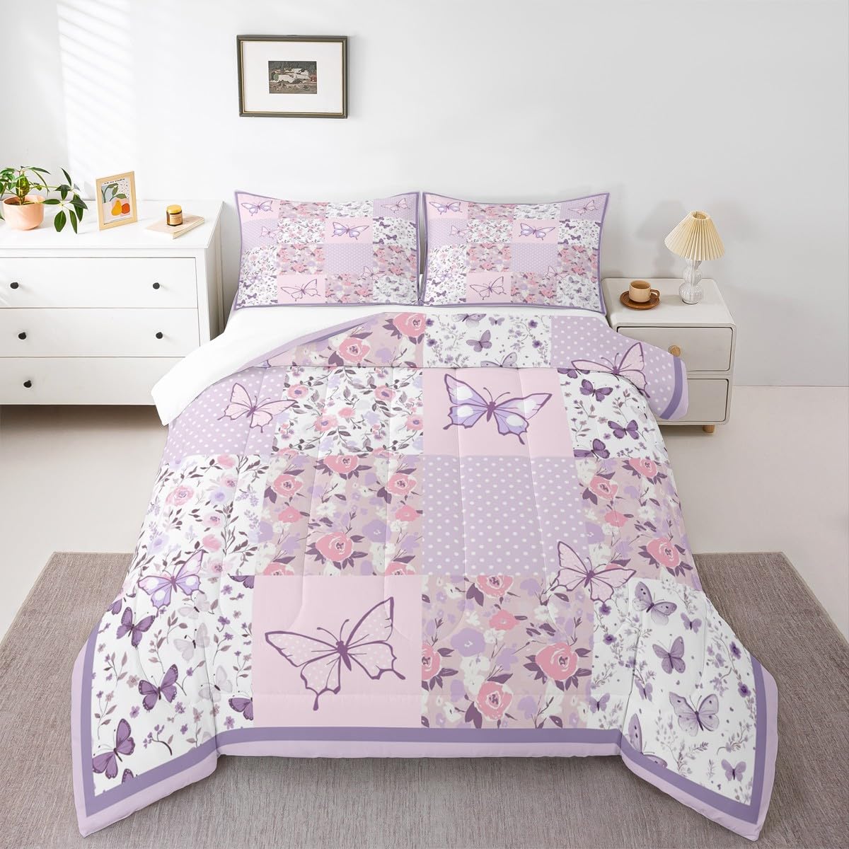 Girls Purple Butterfly Bedding Set Twin Size 3 Pcs for Boys Girls (Multi 822 / Twin)