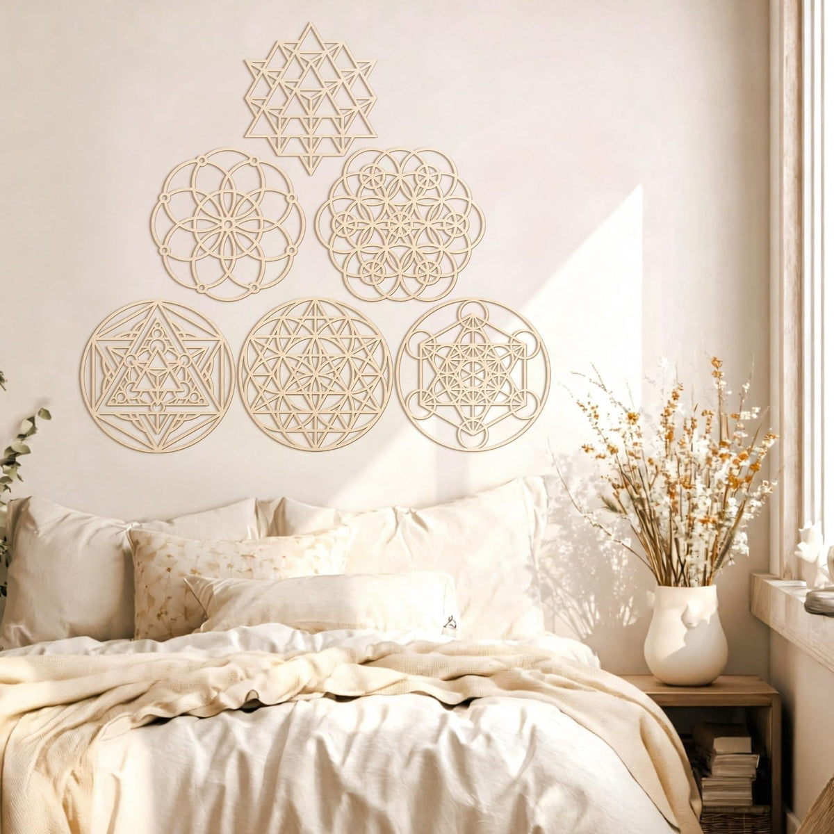6 Piece Sacred Geometry Zen Wall Art Set. Wooden Wall Art Decor with Flower Of Life Merkaba Patterns. Suits Meditation Room Spaces As Spiritual Geometric Zen Decor (Divine)