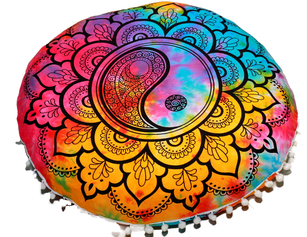 Round Mandala Floor Pillow Cover Seating Cushion Throw Cover Ottoman Pouf Cover Pom Pom Pillow Cases Hippie Decorative Bohemian Boho Indian 22 Inches (Multi Color)