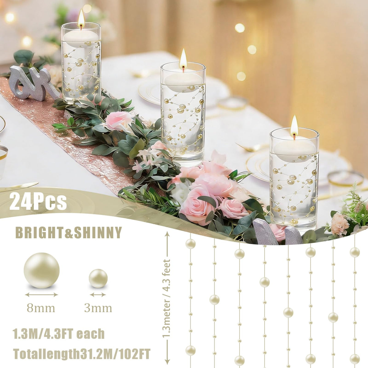 24 Items MANNYCOM 50 Inch Artificial Pearl String for Floating Candle Faux Pearls Beads String Garland Centerpiece Decoration for Vases Filler Valentines Wedding Holiday Party Decor (Beige)