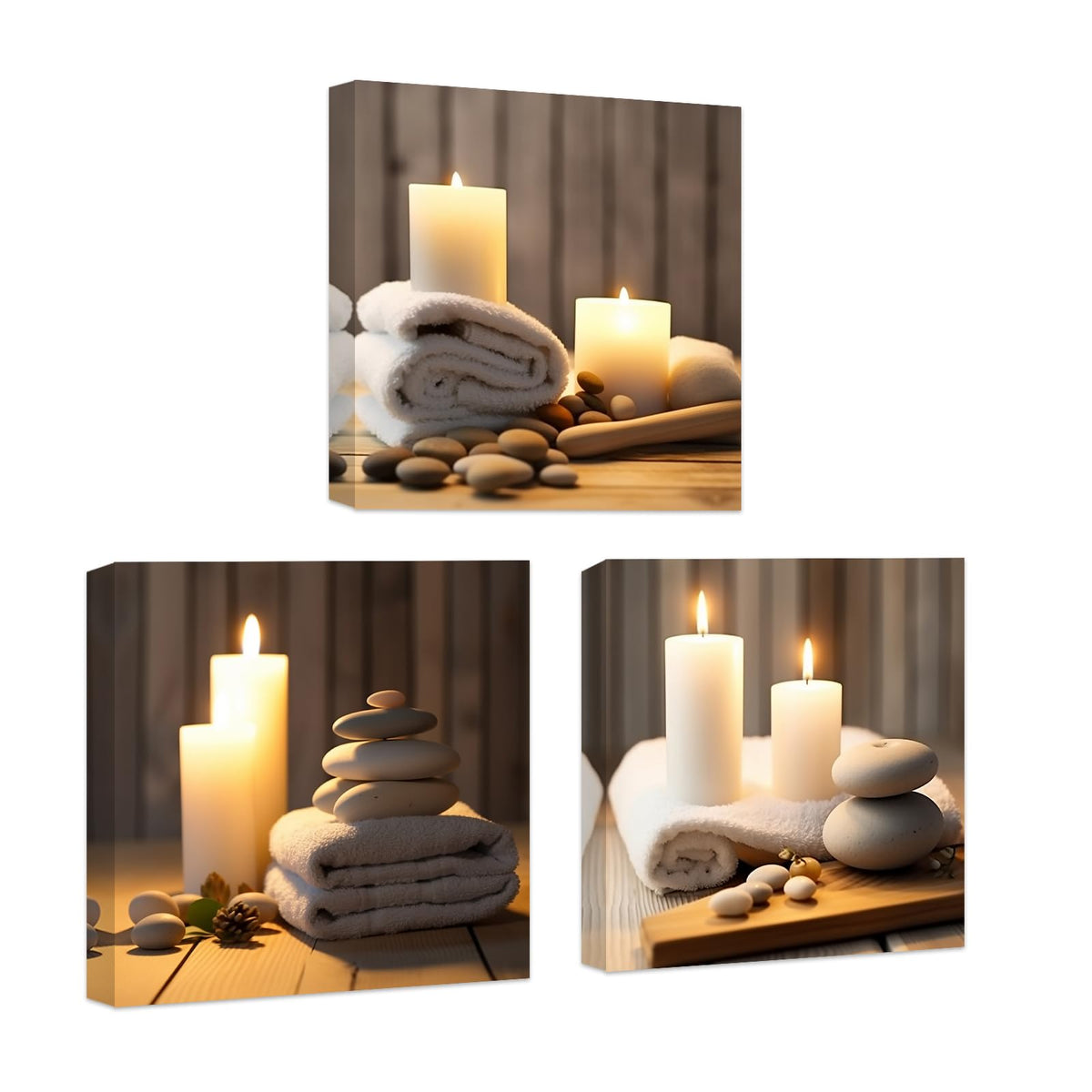 Zen Canvas Wall Art 3 Piece Bath Towel Candles And Zen Stones Picture Print Bathroom Beauty Spa Treatment Meditation Room Wall Decor Framed (A / 12"x12"x3)