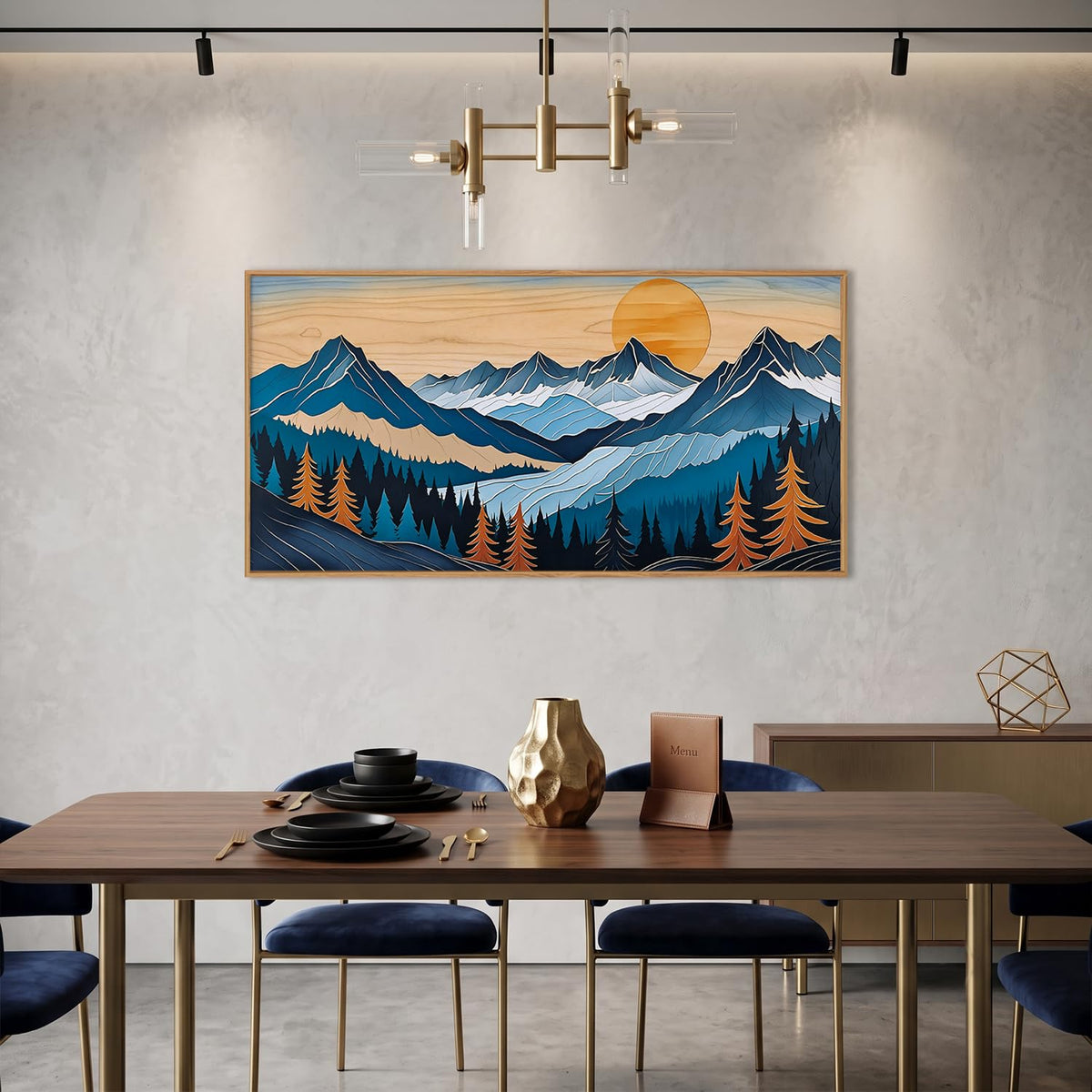 Boho Vintage Mountain Framed Canvas Wall Art Set (Blue Woodcut Mountain Wall Art / 40"L x 20"W)