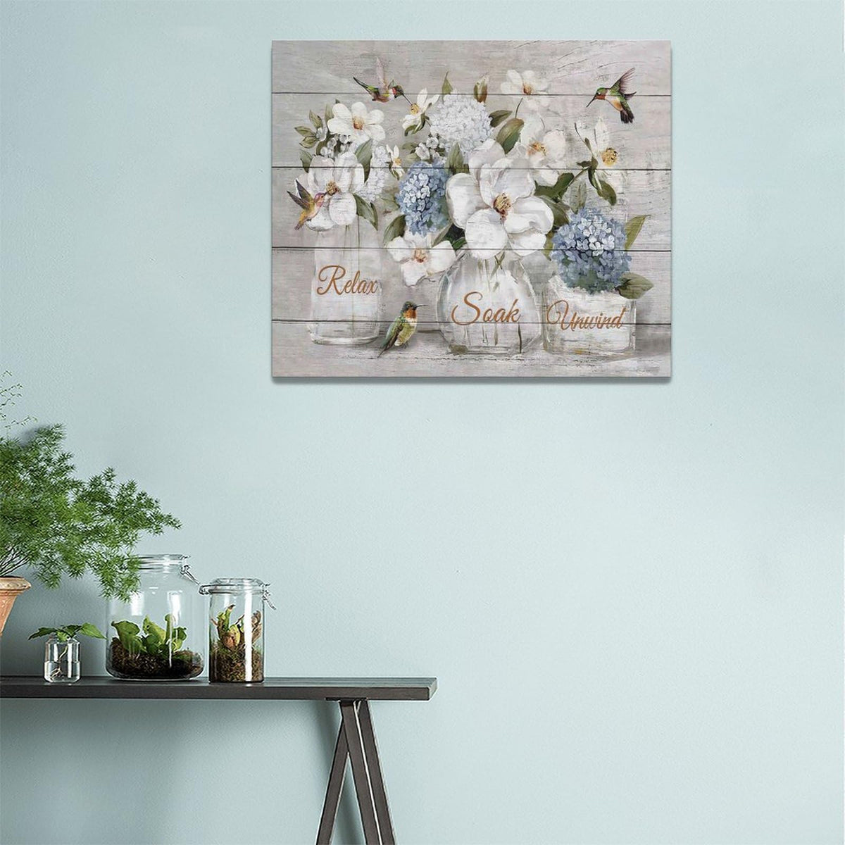 Farmhouse Flower Bathroom Decor Wall Art Rustic Hummingbird White Floral Pictures Wall Decor Relax Soak Unwind Bathroom Sign Canvas Painting Prints Artwork Home Decorations Framed for Bedroom 24"x20" (White Flower / 24"L x 20"W)
