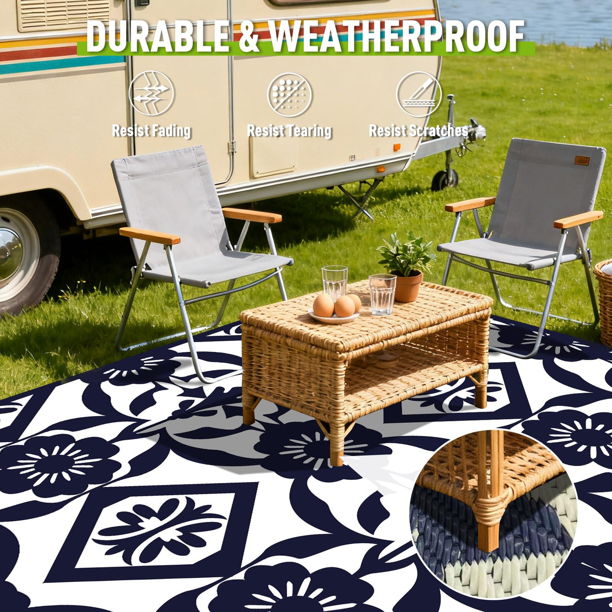 Navy Blue Flower Tile Rug 8x10 FT Waterproof Mat for RV Patio Camping (Klein / 8x10 Feet)