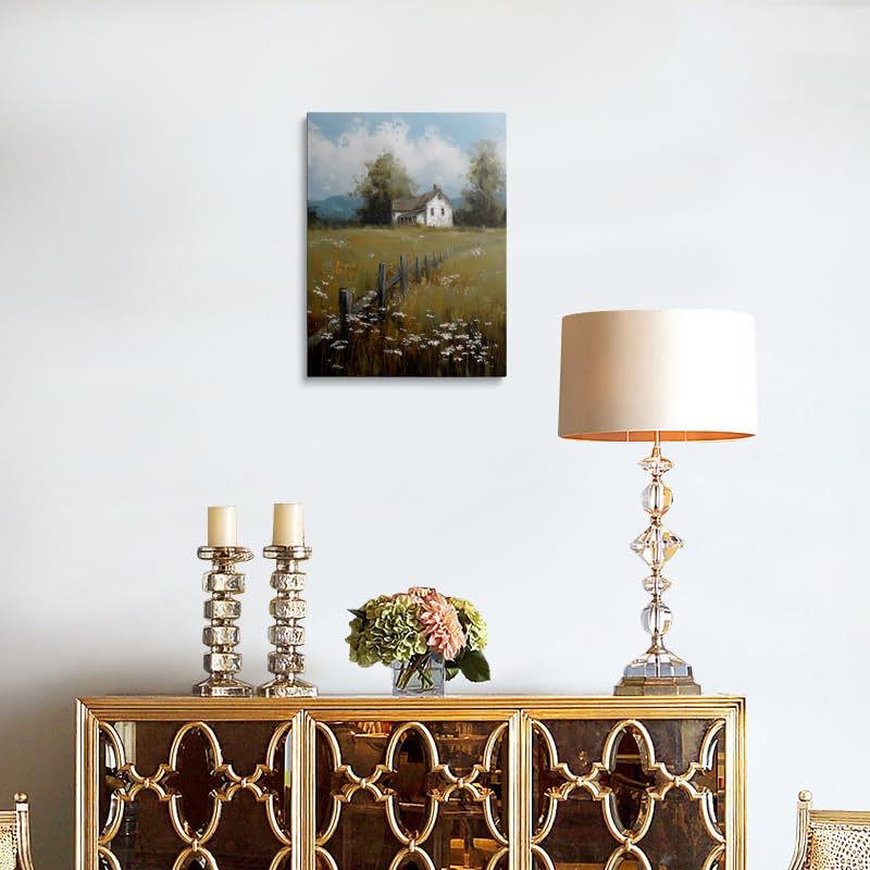 Calming Country Farmhouse Canvas Wall Art Framed Serene Landscape Painting White Farmhouse Wooden Fence Wildflowers Vintage Style Textured Brushstrokes Wall Decor Artwork Poster 16x24 Inches (wooden house / 24"L x 16"W)