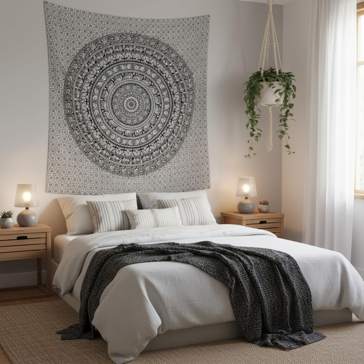 Cotton Mandala Tapestry (Black and White / 54"L x 84"W)