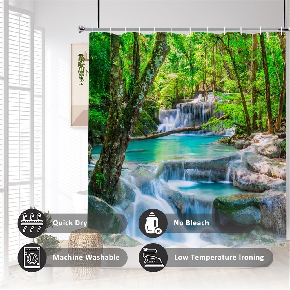 48x72inch Waterfall Shower Curtain Tropic Landscape Stream Flowing Over Rocks in Forest Woodland Nature Scenery Bathroom Set Spring Summer Green Plant Bath Curtain Fabric Polyester with Hooks (48"W x 72"L (Pack of 1) / Green04)