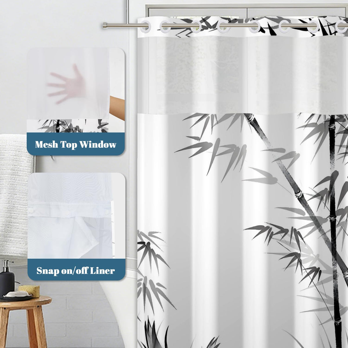 Bamboo No Hook Shower Curtain with Snap in Liner (Bamboo)