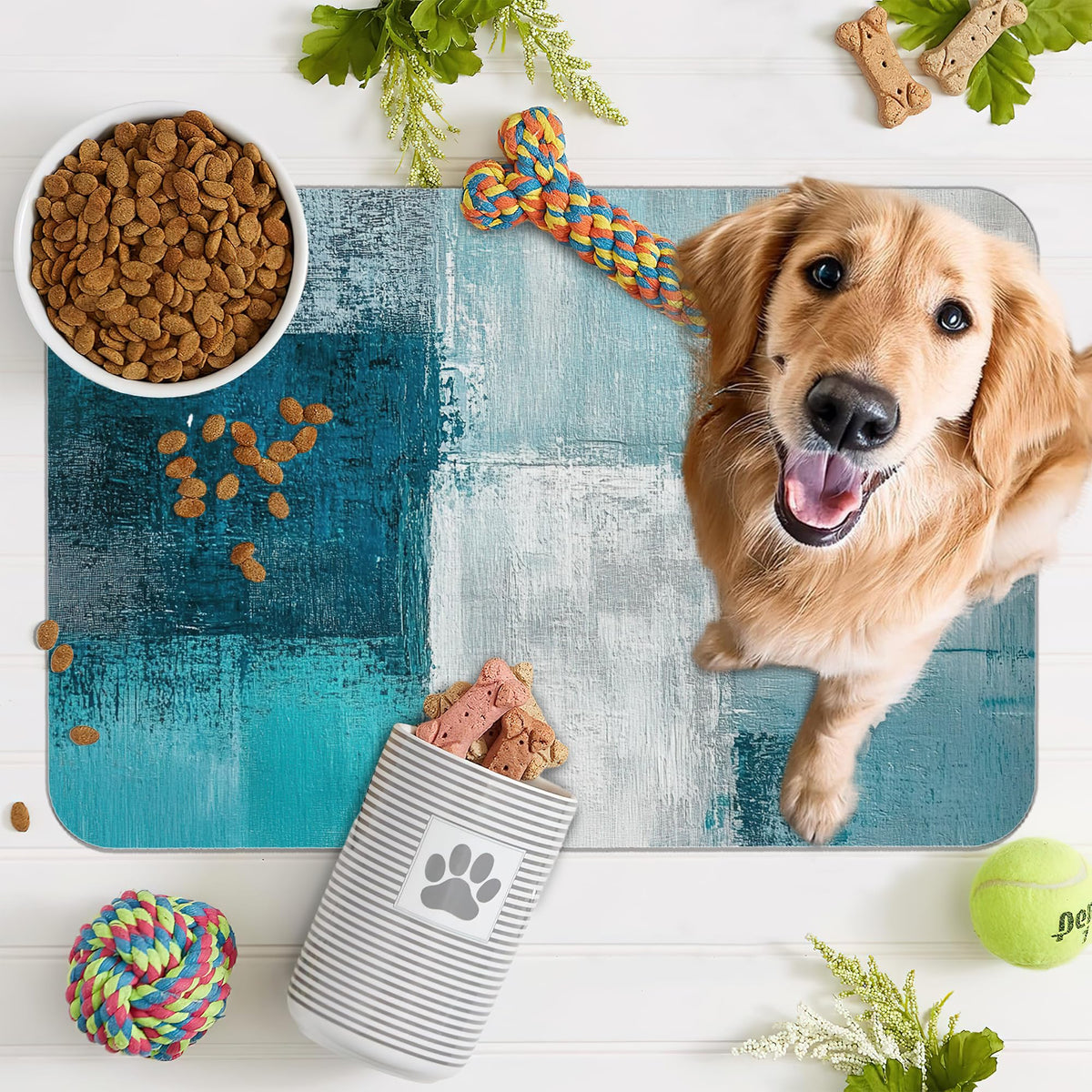 Turquoise Grey Dog Cat Food Mat (20"L x 20"W / Turquoise Grey Teal Modern Art)