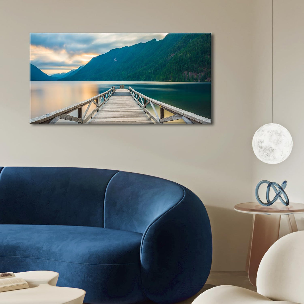 Olympic Mountain Canvas Wall Art Living Room Decor Crescent Lake Landscape Pictures Sunset National Park Posters Nature Wood Dock Scenery Painting Artwork for Bedroom Office Home Decoration 20x40" (40"L x 20"W / Olympic)