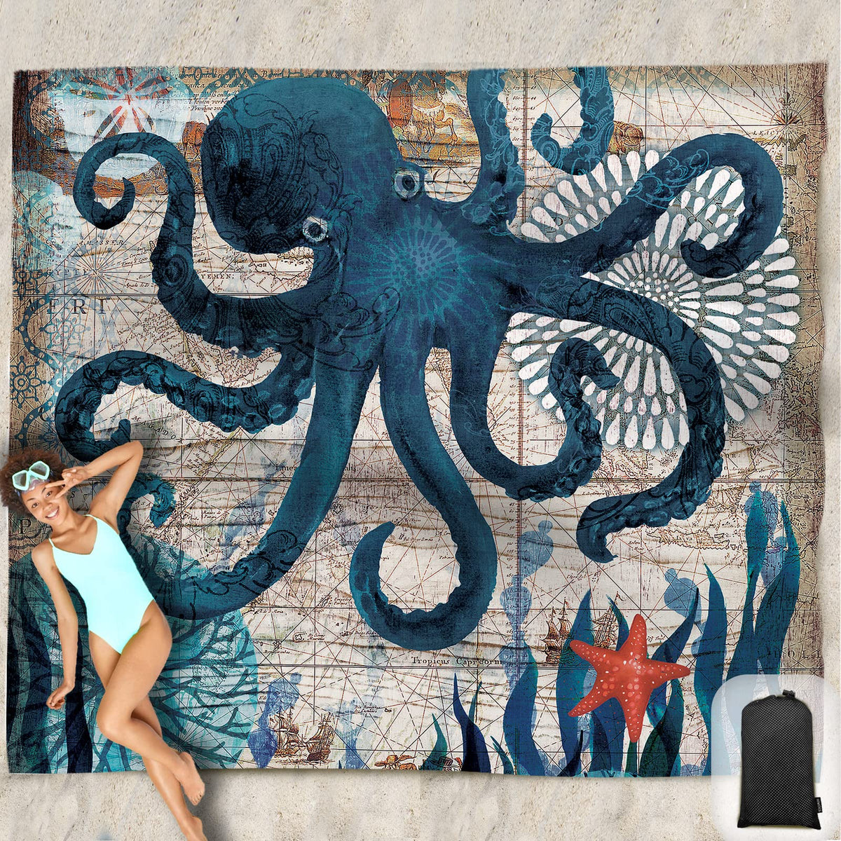 Beach Blanket Waterproof Sandproof Oversized 95”x 80” (Octopus)