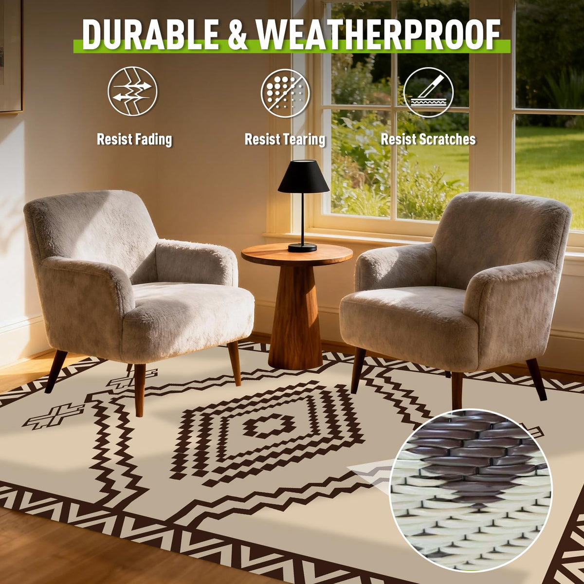 Beige Brown Geometric Rug 6x9 FT Defines Space Mat for Patio Deck Camping (Del Diamond / 6x9 Feet)