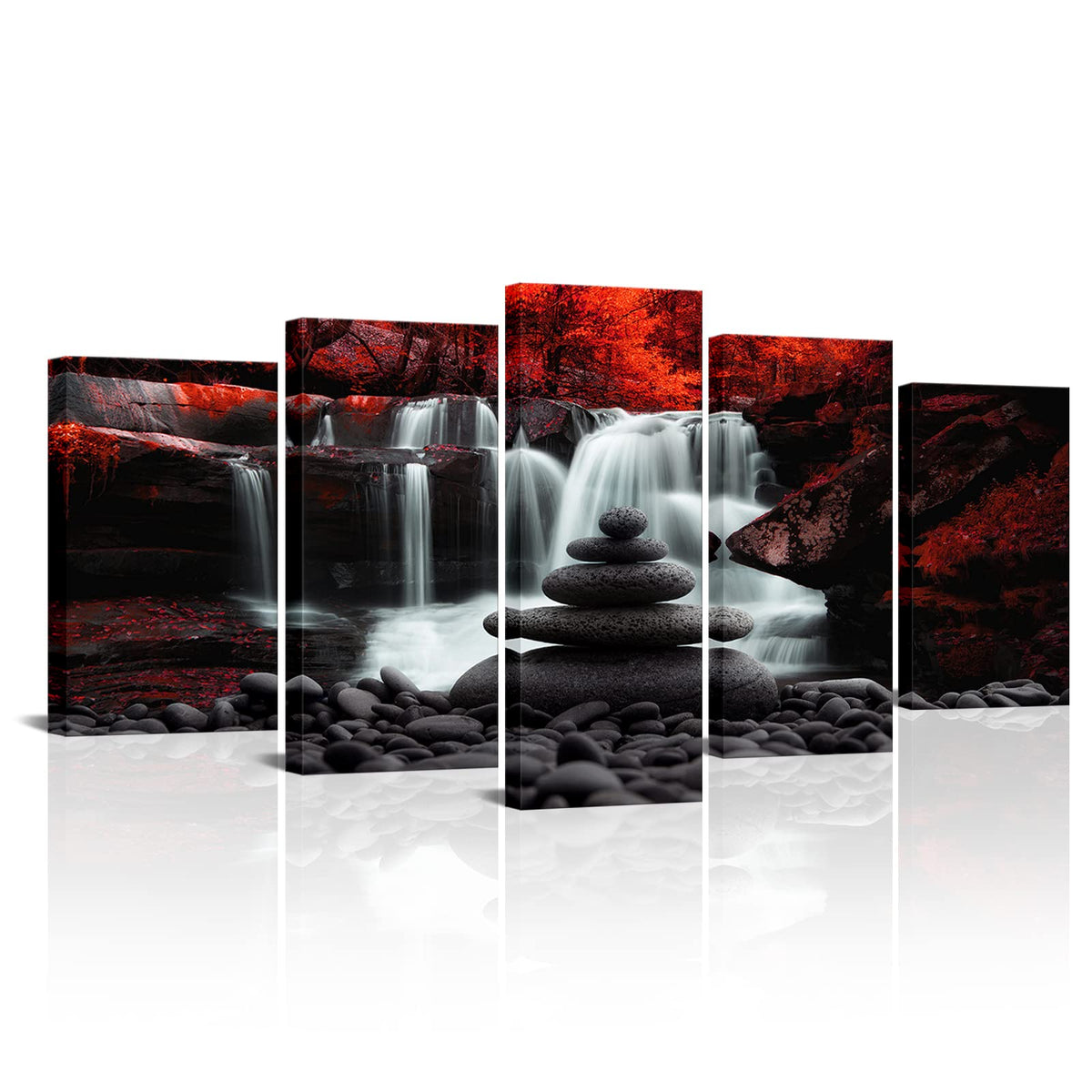 Black White Red Landscape Print Artwork for Living Room Red Tree Canvas Autumn Wall Art Zen Stones Waterfall Painting Picture Wall Decor Framed Ready to Hang (50"L x 24"W)