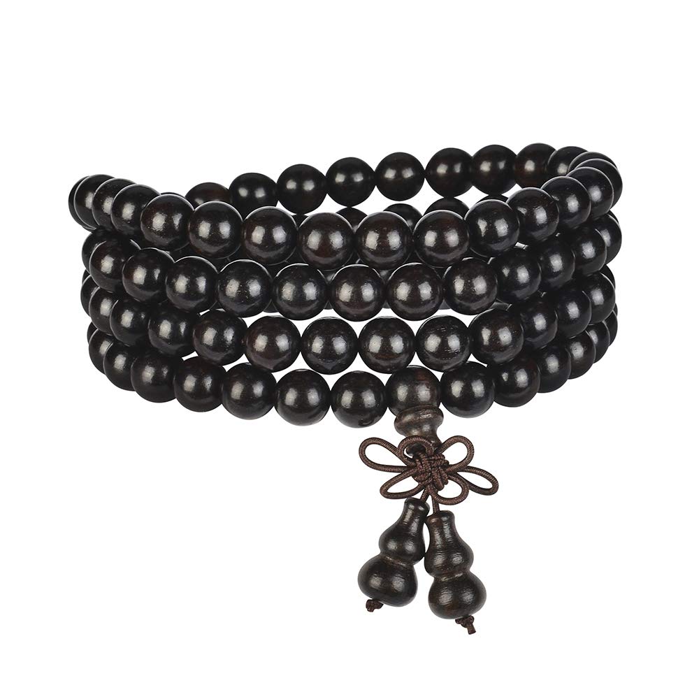 mala beads bracelet 108 8mm Beaded Necklace sandalwood elastic (Gourd - 8mm Black Sandalwood)