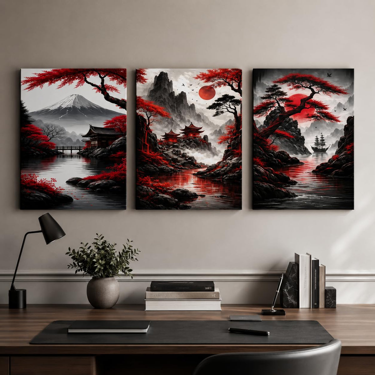 3 Piece Wall Art 16x20 Framed Canvas Wall Decor Red Sun Pagoda Mountain Landscape Pictures for Living Room Bedroom Study Hallway Easy No Drill Hanging with Strips and Hooks (Ancient style landscape canvas painting58)