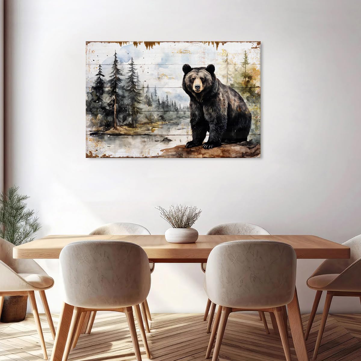 Bear Wall Art Wildlife Bear Painting Woodland Forest Picture Wall Decor Farmhouse Cabin Home Decorations Rustic Animal Canvas Poster Prints Pine Trees Painting Artwork for Bathroom Living Room 32x48” (48"L x 32"W / Bear Forest)