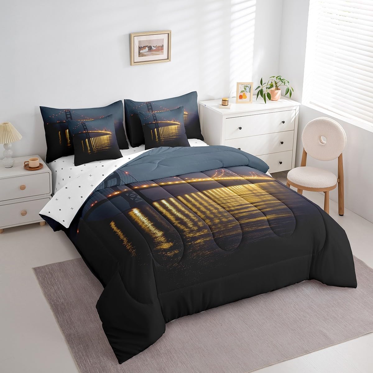 Golden Gate Bridge Comforter Set with Sheets Queen Size Kids Nightscape 7 Piece Bedding Set All Season Teens City Scenery Bed in A Bag Breathable Soft Black and Yellow Room Decor (Dull Black and Yellow / Queen)