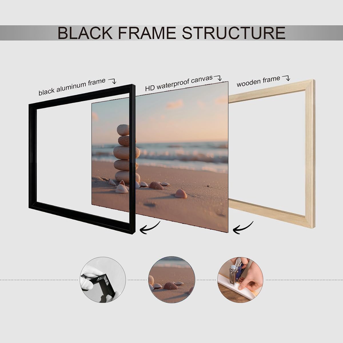 Zen Beach Stones and Shells Wall Art (Black Aluminum Frame-5 / 20"L x 30"W)