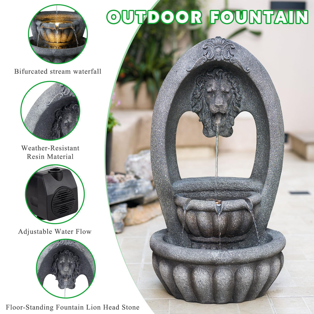Lion Head 2 Tier Outdoor Water Fountain