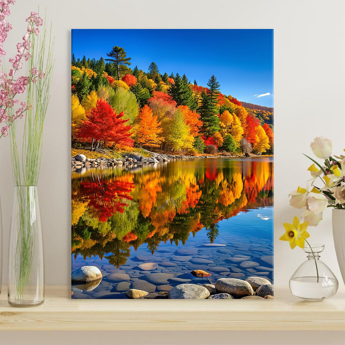 Nature Mountain Lake Wall Art Colorful Autumn Forest Landscape Picture Wall Decor Red Maple Tree Scenery Painting Canvas Prints Modern Poster Artwork for Living Room Bedroom Bathroom Decoration 12x16" (12"L x 16"W / Fall08)