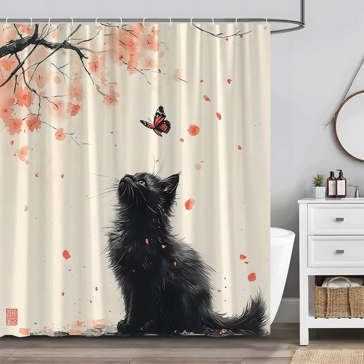 Japanese Floral Shower Curtain Black Cat Pink Cherry Blossom Plum Blossom Butterfly Vintage Asian Watercolor Spring Flower Abstract Art Bathroom Decor Set with Hooks (70" W x 80" L)