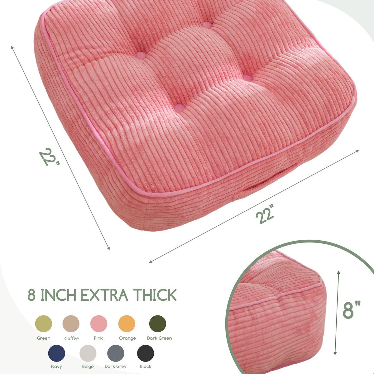 8" Extra Thick Floor Pillow Cushion for Adults (Square Pink / 8" Thick(Pack of 1))