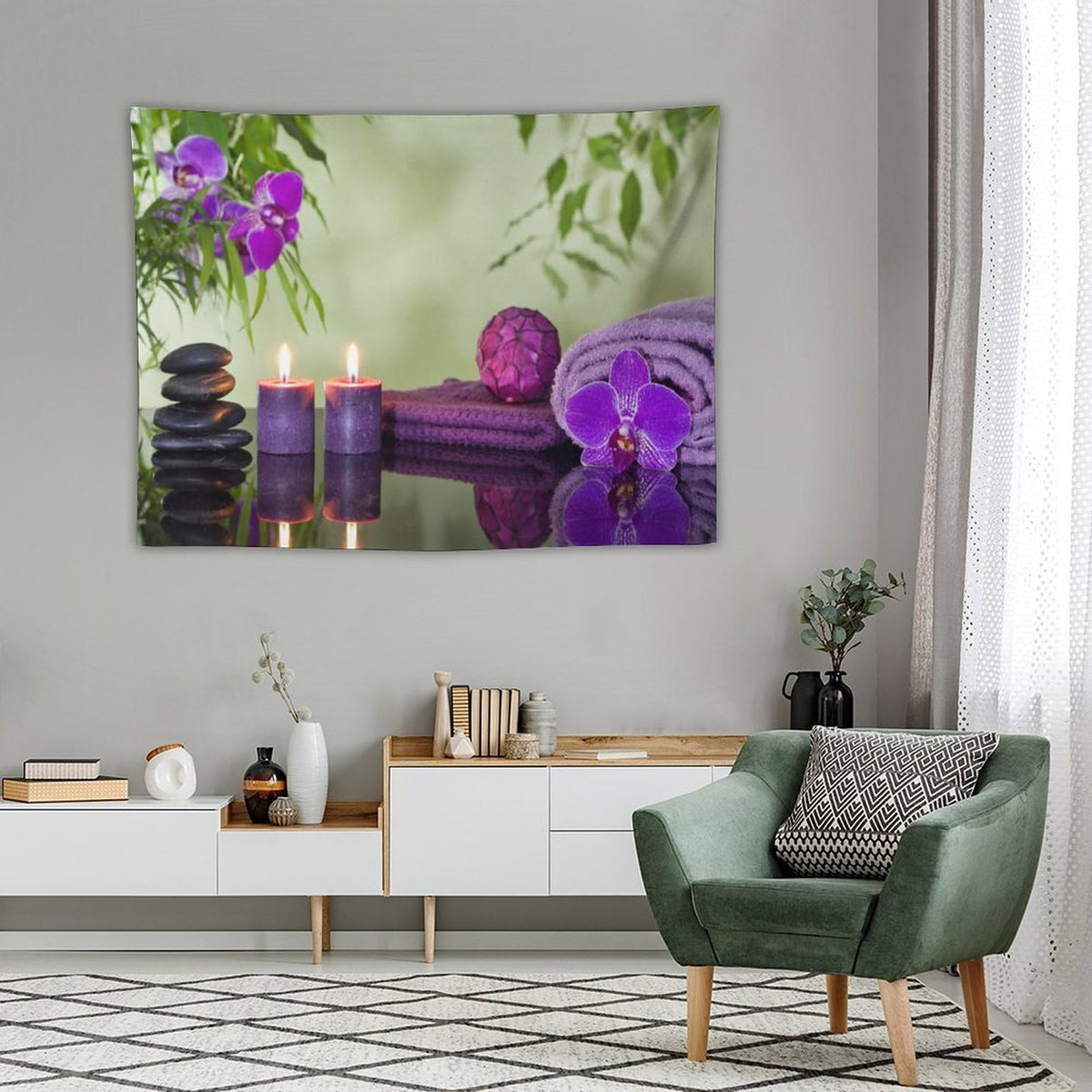 Spa Zen Tapestry Wall Hanging Asian Stones Purple Candles Orchids Bloom Aromatic Tapestries Home Decor for Living Room Bedroom Farmhouse Kitchen Dorm 30"x40" (30"L x 40"W / Zen-5)