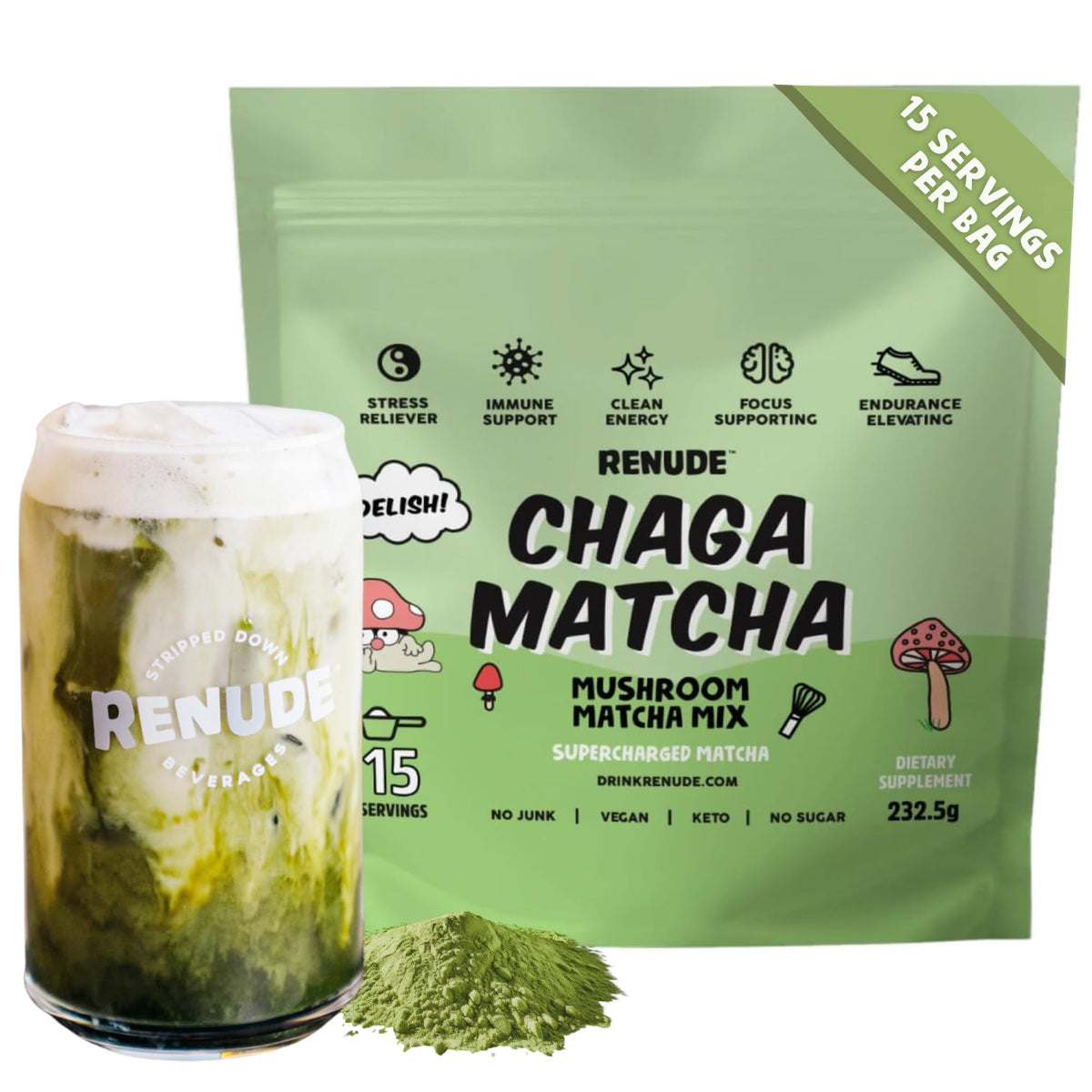 Chaga Matcha Ceremonial Grade Matcha Mushroom Powder (Chaga Matcha: 15 serving bag)