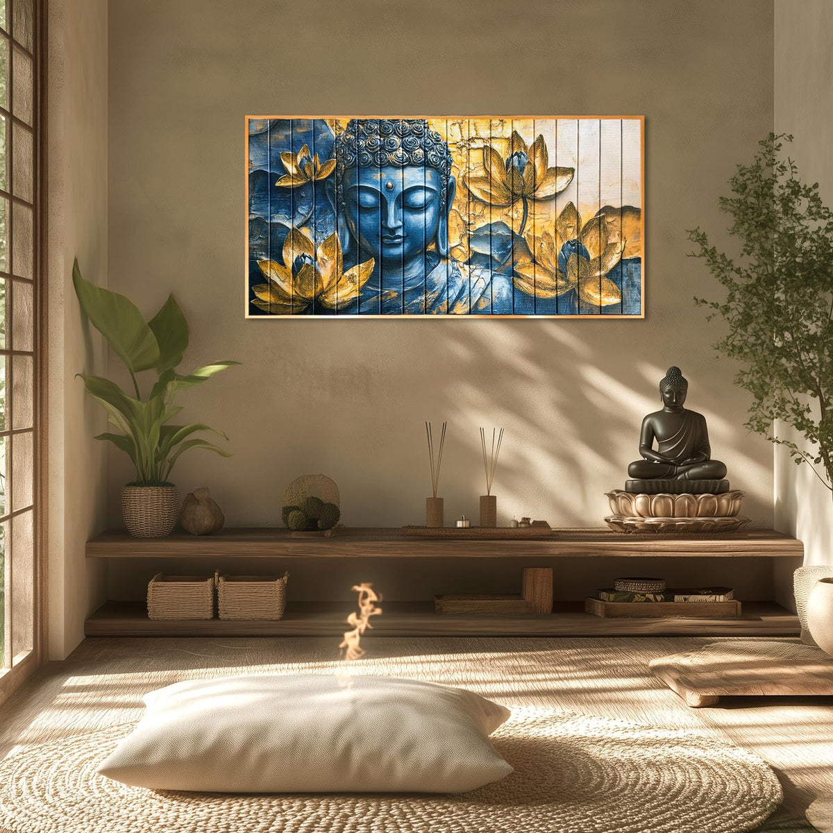 Vintage Buddha Wall Art Zen Lotus Flowers Canvas Ribbon Pictures Inspirational Wall Decor Handmade 3D Woven Textured for Buddhism Room Bathroom Bedroom Living Room Home Decor 24" x 48" (Gold / 48"L x 24"W)
