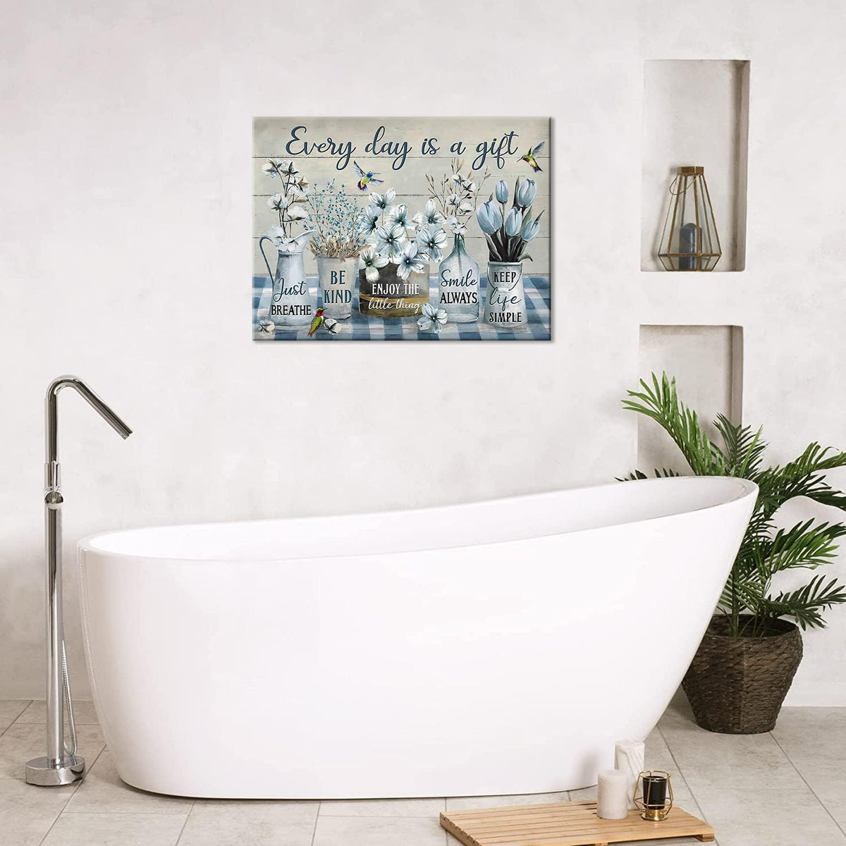 Farmhouse Flower Bathroom Decor Wall Art Rustic Flower Every Day Is A Gift Floral Spring Summer Pictures Wall Decor Canvas Painting Prints Artwork Framed for Bedroom Living Room 16"x12" (Everyday Is A Gift / 16"L x 12"W)