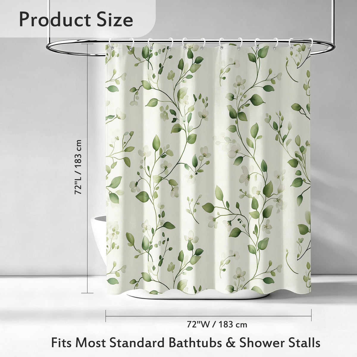 Watercolor Sage Green Leaves Shower Curtain Floral White Flowers Vines Eucalyptus Boho Modern Nature Aesthetics Bathroom Bath Decor Bathtub Curtain Fabric Shower Curtain Set with 12 Hooks (Sage Green - Botanical / 72"W x 72"L (Pack of 1))