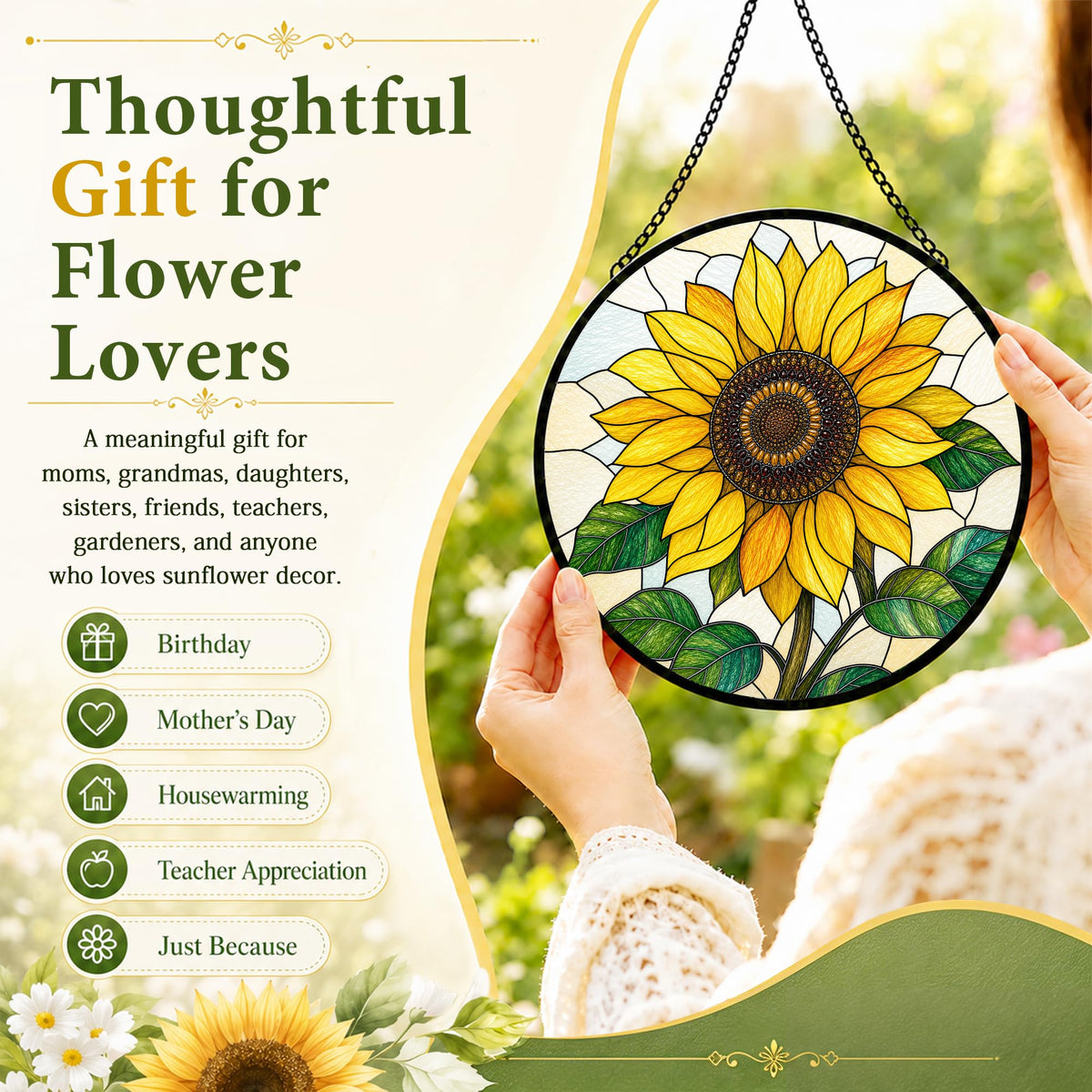 Sunflowers Gifts for Women Stained Glass Window Hanging Sun Catcher 9.8 in (Sunflower / 9.8 x 9.8 IN)