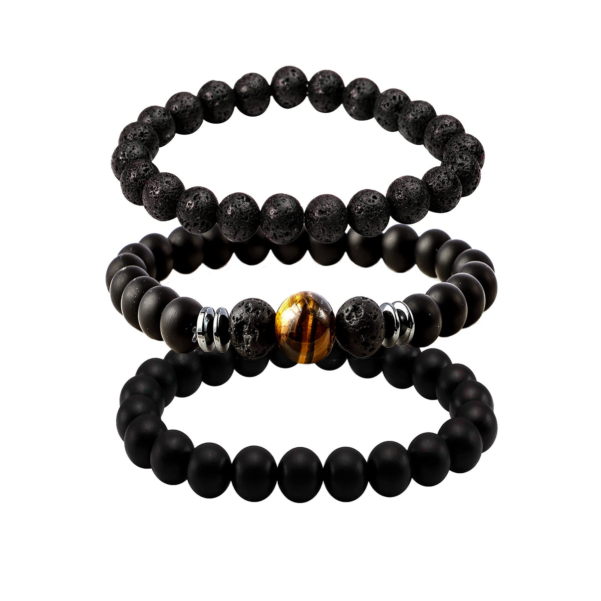 3 Pcs Lava Rock Bracelets for Women and Men Diffusing Meditation Wood Beads Bracelet with Tiger Eye Stone (A3 : 3 Pcs Different)