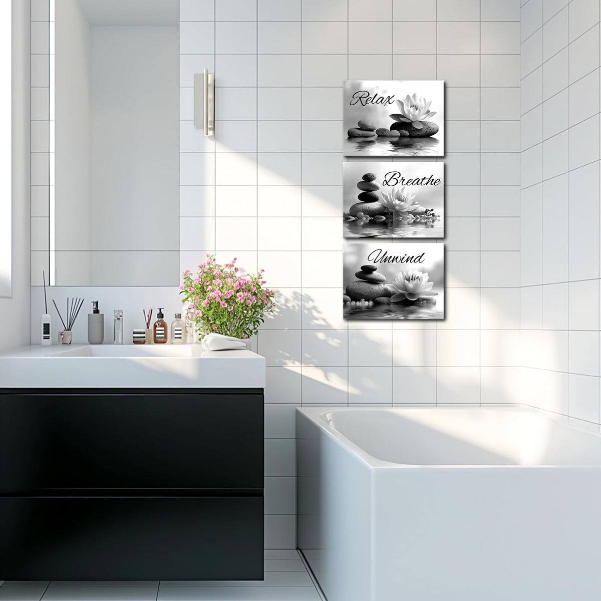 Zen Spa Wall Decor Grey Bathroom Art Pictures Set Relax Unwind Breathe Canvas Art with Lotus Flower Painting Prints Framed 12x16 inches each panel (Grey)