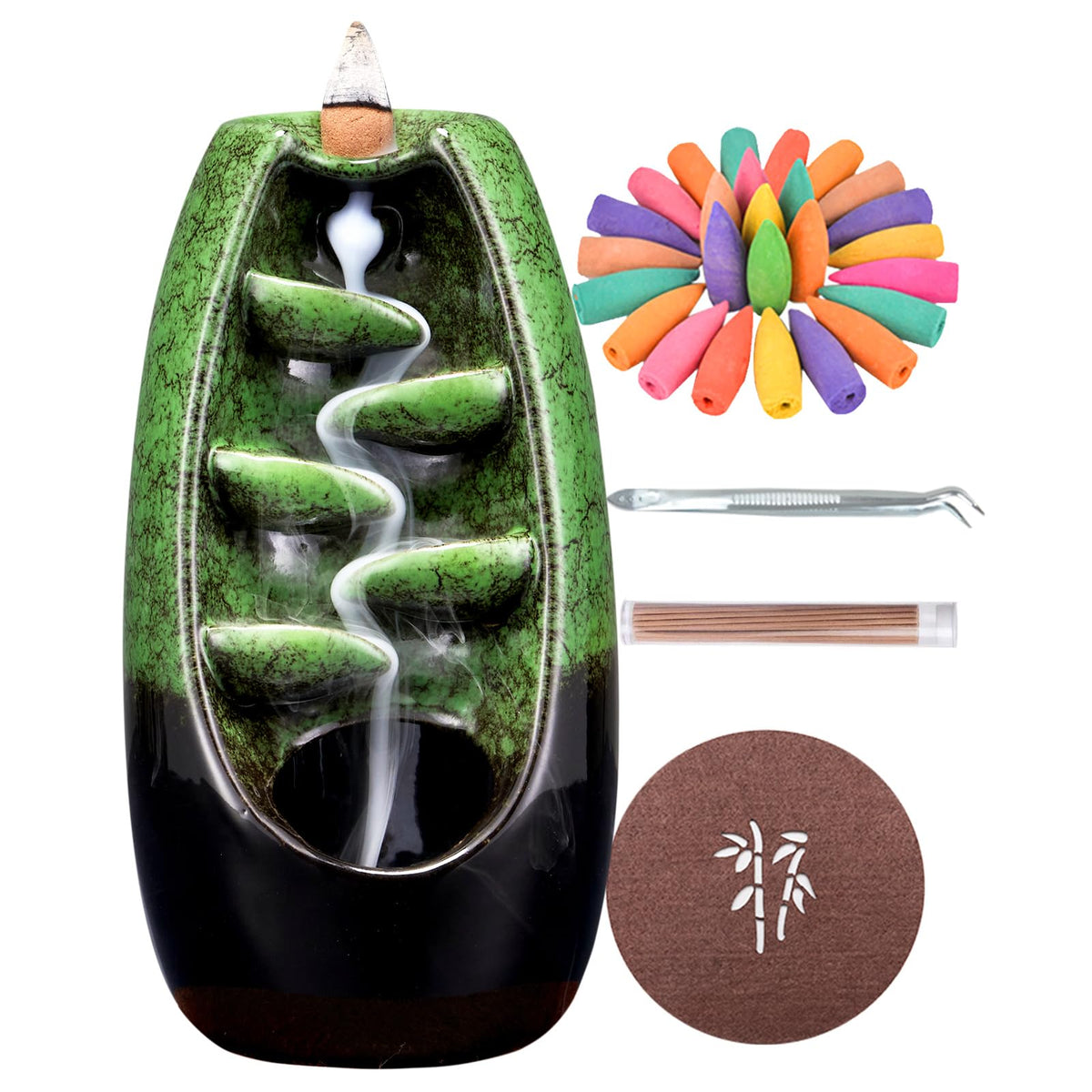 Ceramic Backflow Incense Holder Waterfall Incense Burner (Green)