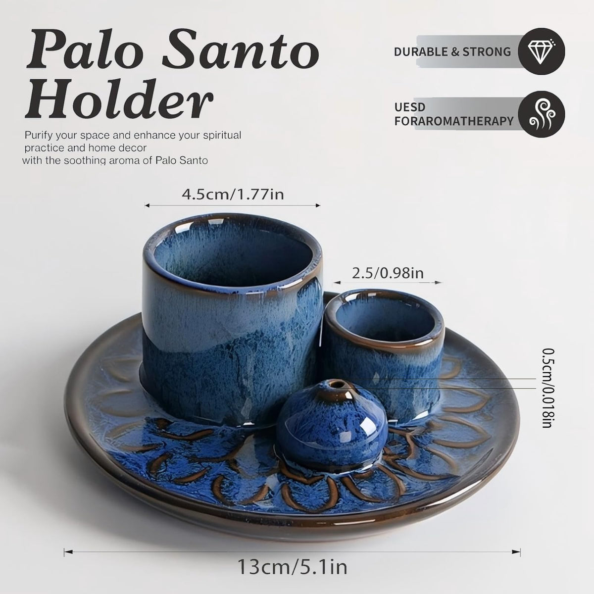 4-in-1 Ceramic Incense Burner Holder for Sticks/Palo Santo/Sage/Candle (Navy)