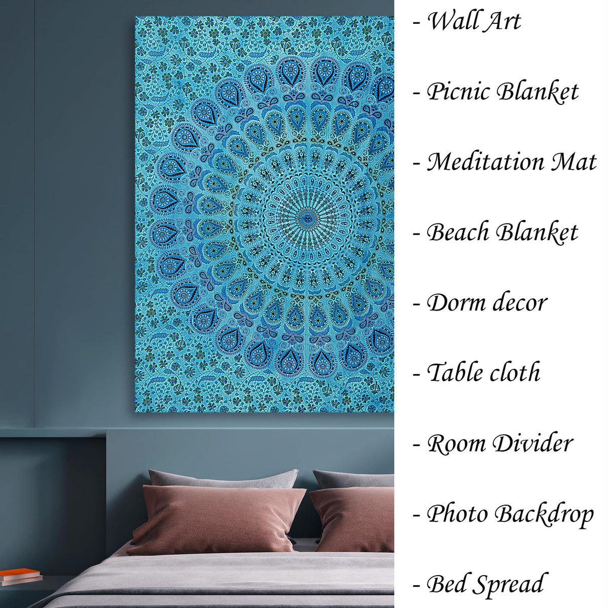 Handmade Cotton Peacock Mandala Tapestry (90"L x 84"W / Turquoise)
