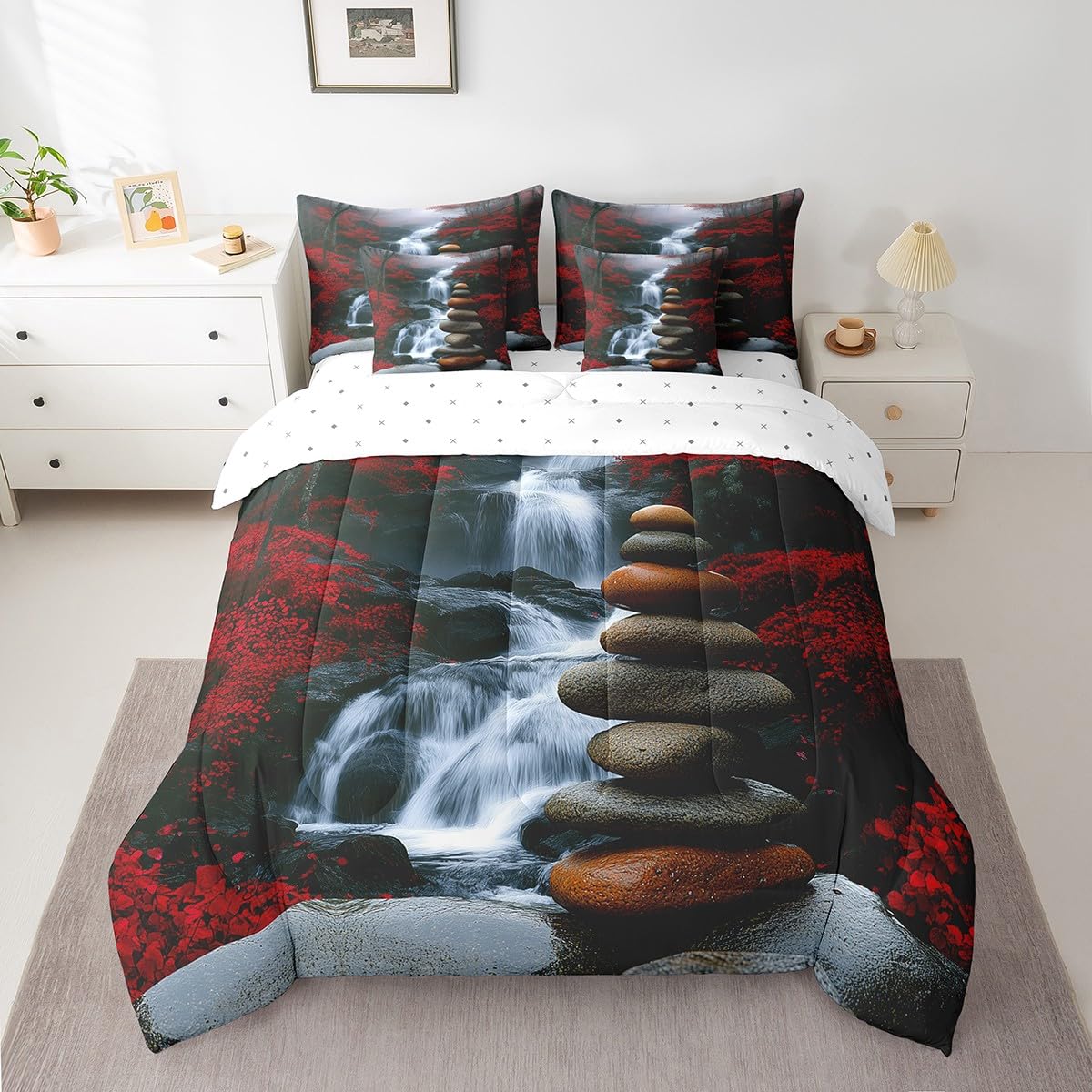 Zen Comforter Set with Sheets Twin Size Kids Chinese Style Waterfall 7 Piece Bedding Set All Season Teens Nature Scenery Bed in A Bag Breathable Soft Lightweight Black Red Room Decor (Red Carbon Black / Twin)