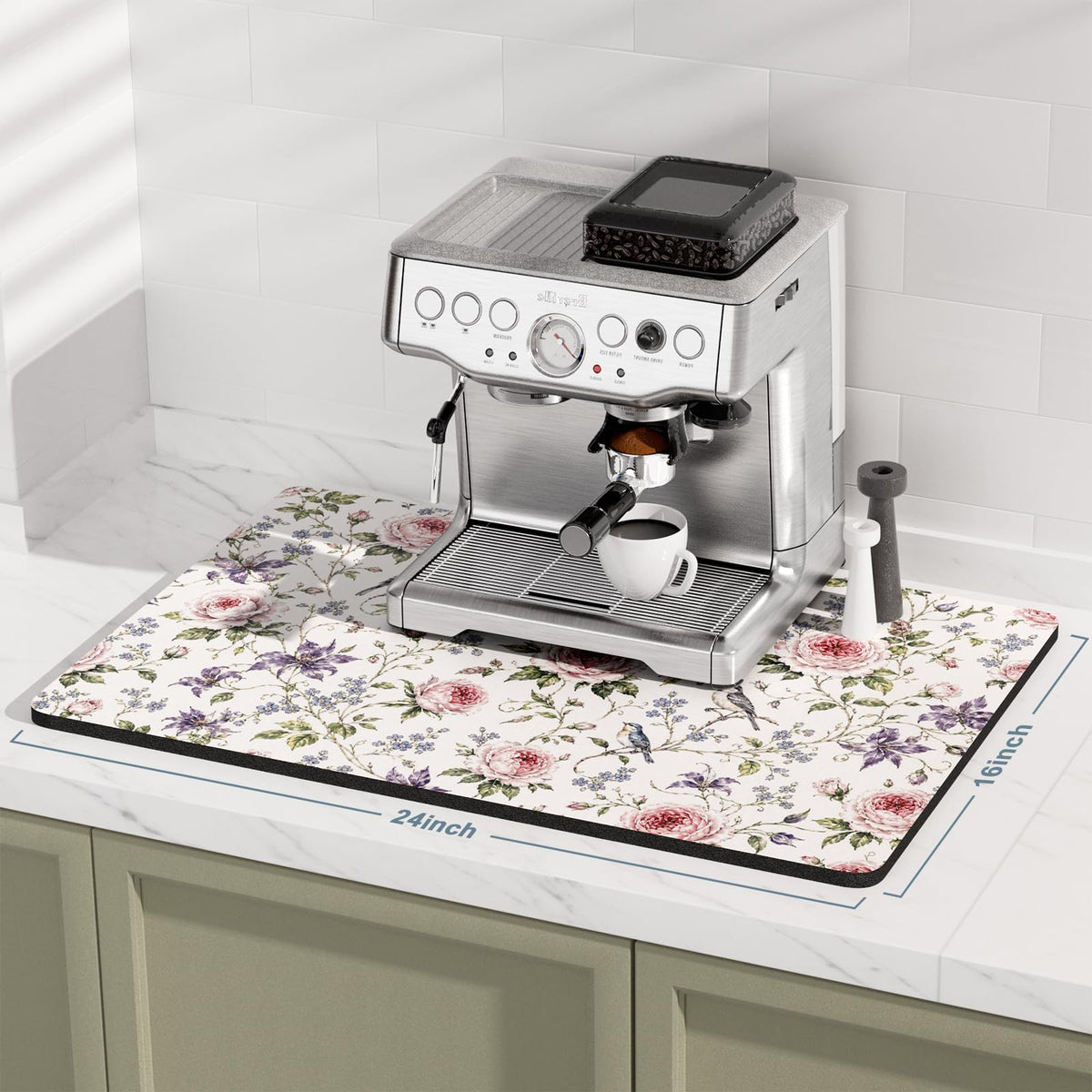 Coffee Mat 16" x 24" Coffee Bar Mats for Espresso Machine Station Accessories and Organizer (Watercolor Pink Rose / 16" x 24")