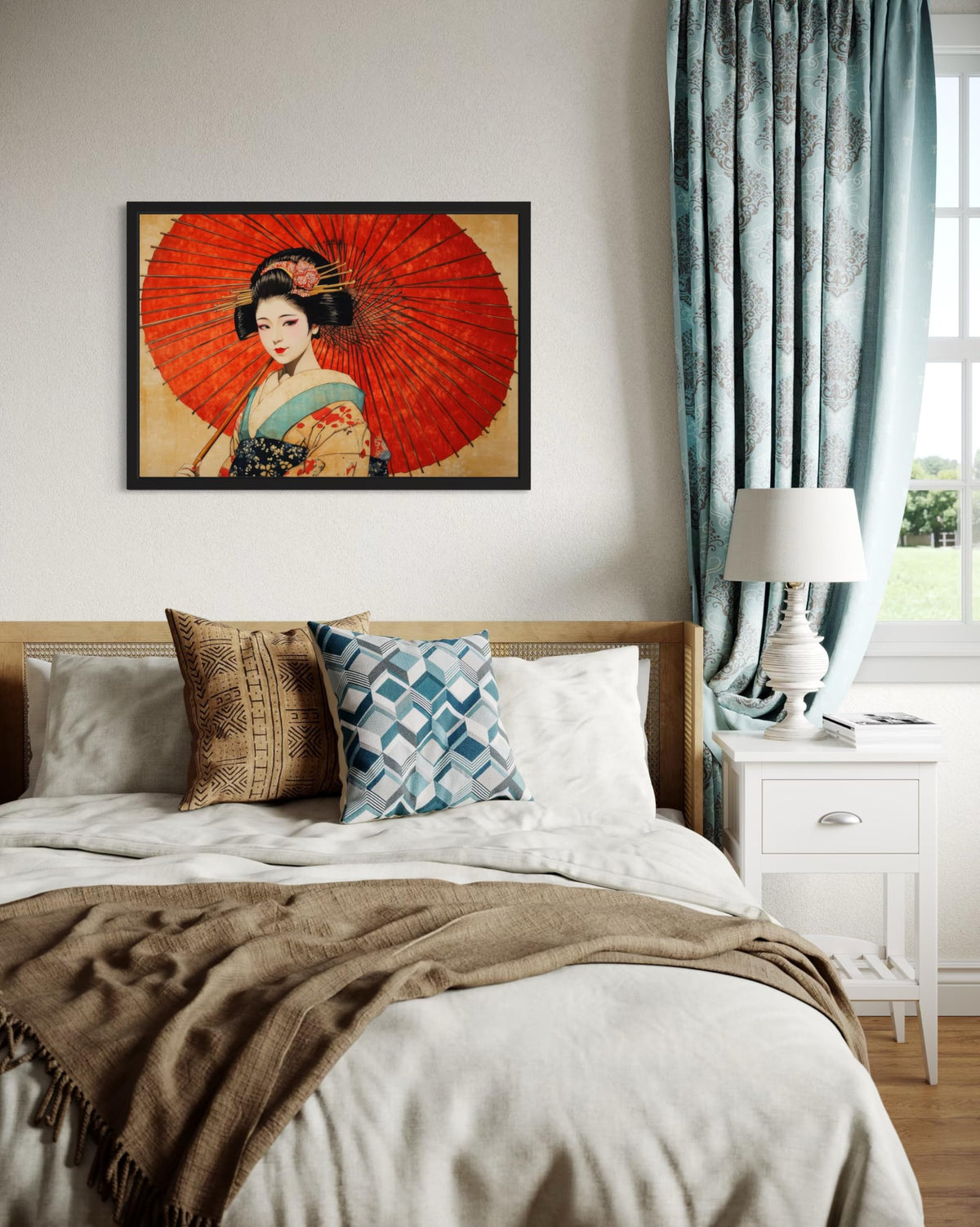 Red Geisha Black Framed Wall Art Print Poster (Red Geisha / 14"L x 11"W)