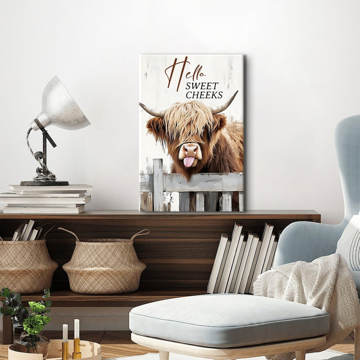 Highland Cow Canvas Wall Art Hello Sweet Cheeks Bathroom Decor Funny Cute Cow Picture Prints Poster Farmhouse Longhorn Wall Decor Rustic Wild Animals Paintings Country Home Decorations 16x24" (24"L x 16"W / Funny Cow02)
