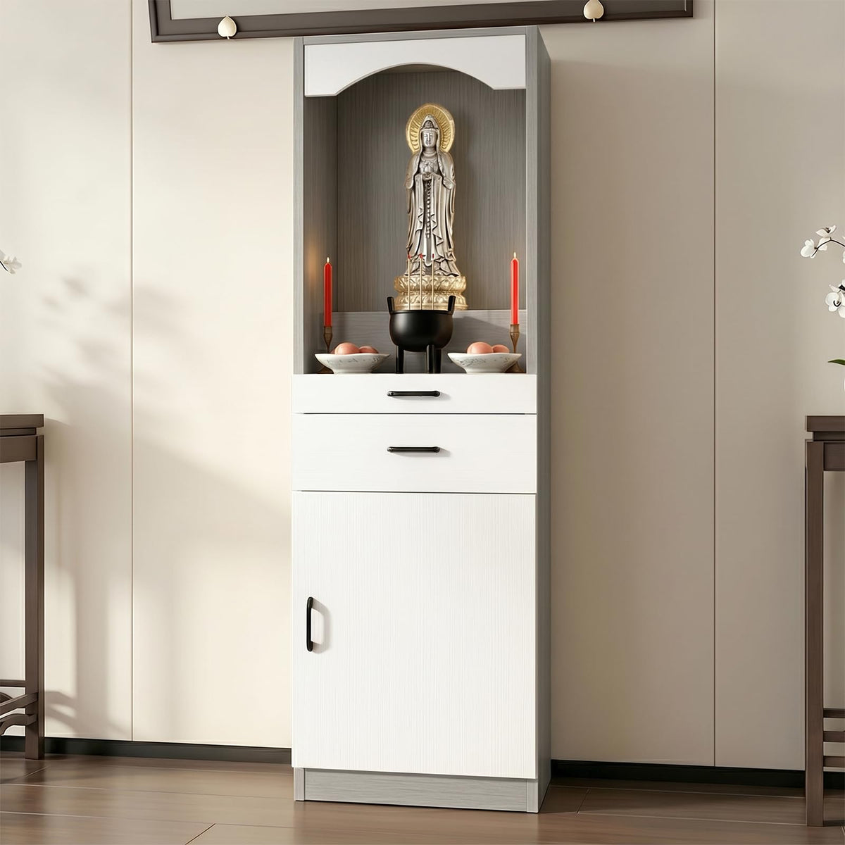 Solid Wood Altar Table (White + Light Gray Wood / 15.7" x 15.7" x 65.4")