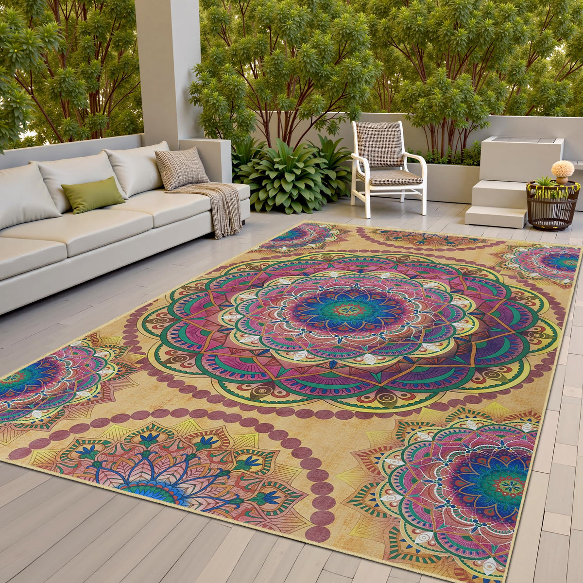 Meditation Indoor Outdoor Rug 8x10 ft Mandala Pattern Rug Boho Style (Khaki / 8 x 10 Feet)