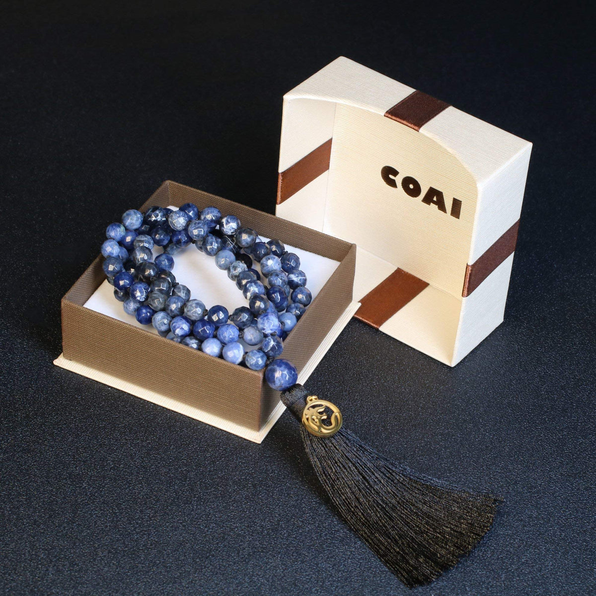 OM Charm Hand Knotted Tassel Sodalite Stone 108 Mala Beads Necklace 8mm (8mm / Faceted Sodalite)